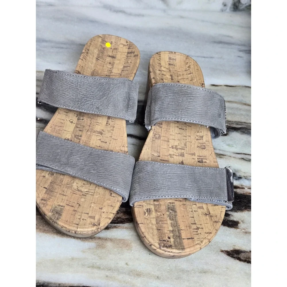 Vionic Pepper Ruched Grey Wedge Slide Sandals Orthotic Comfort Straps Womens‎ 9